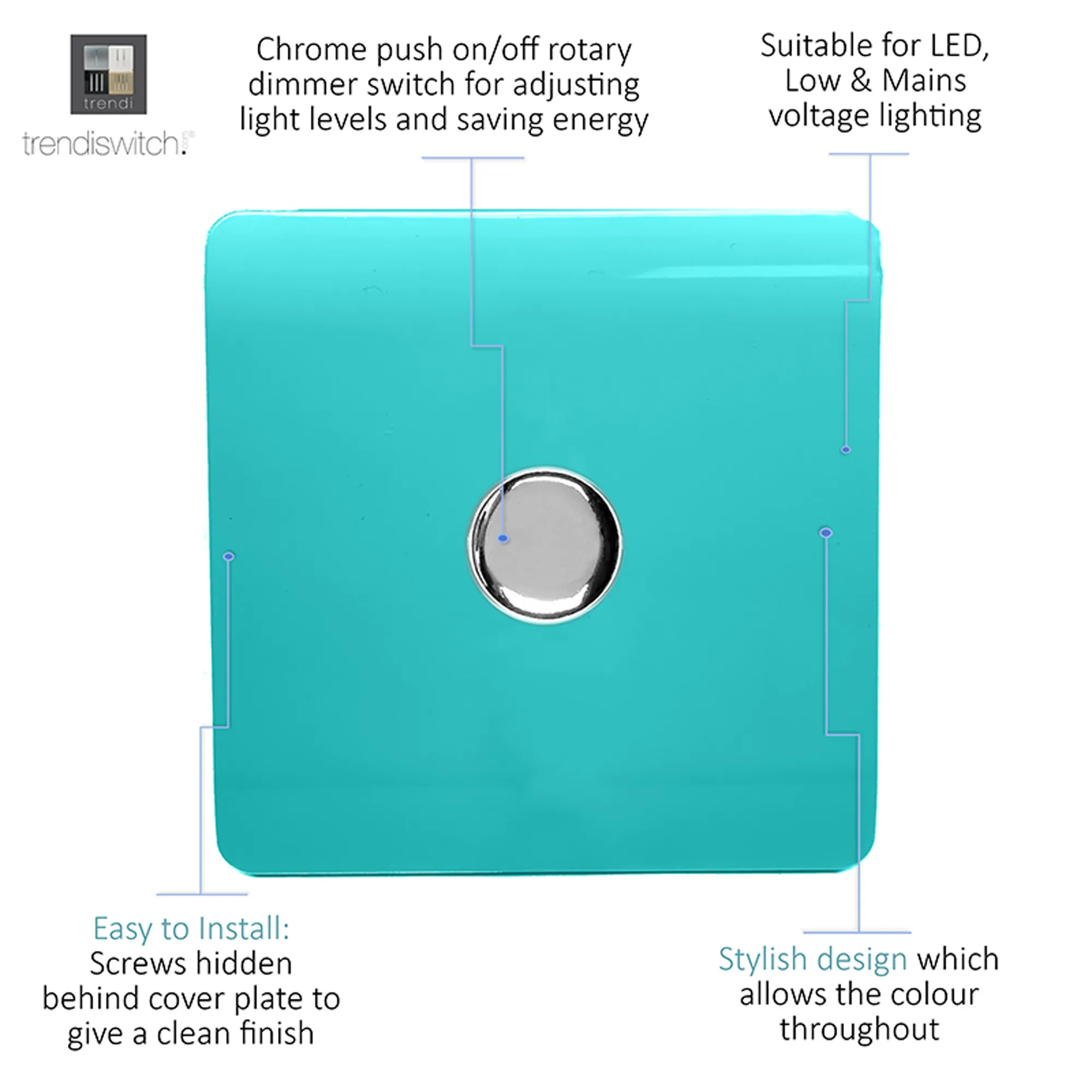 1 Gang 1 Way LED Dimmer Switch Bright Teal ART-LDMBT  Trendi Bright Teal